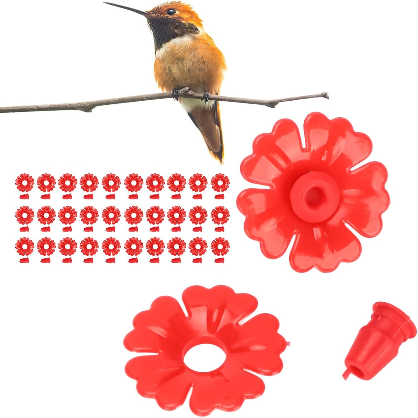 30 Set Hummingbird Feeder Replacement Flowers, Material, Easy to Install and, Stable and Long Lasting, for Hanging Bird Feeding Ports (Red)
