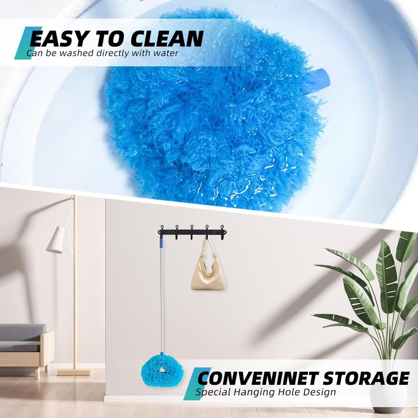DRQ Ceiling Fan Cleaner Duster, Reusable Microfiber Duster with Extension Pole, 13 to 48 Inch Fan Blade Cleaner, Removable Dusters for Cleaning Walls Bookshelves Door Window Top (Blue)
