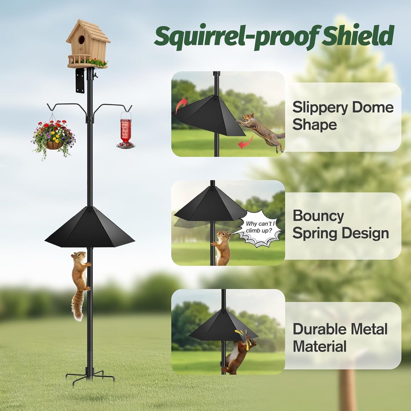 Bird Feeder Pole Kit, 95 Inch Metal Heavy Duty Bird House Pole with Squirrel Baffle,5-Prong Base,Hook for Hanging Bird feeders