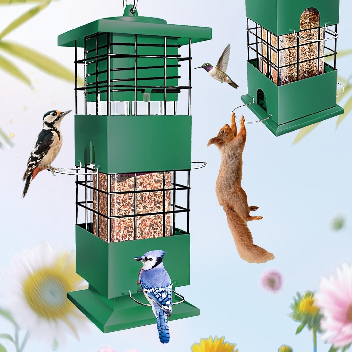 Bird Feeder Squirrel Proof, 3Lbs Metal Heavy Duty Birds Feeder with 4 Feeding Ports for Outdoors Hanging, Birdseed Feeder for Cardinal, Finch, Sparrow, Wild Birds, Outside (Green)