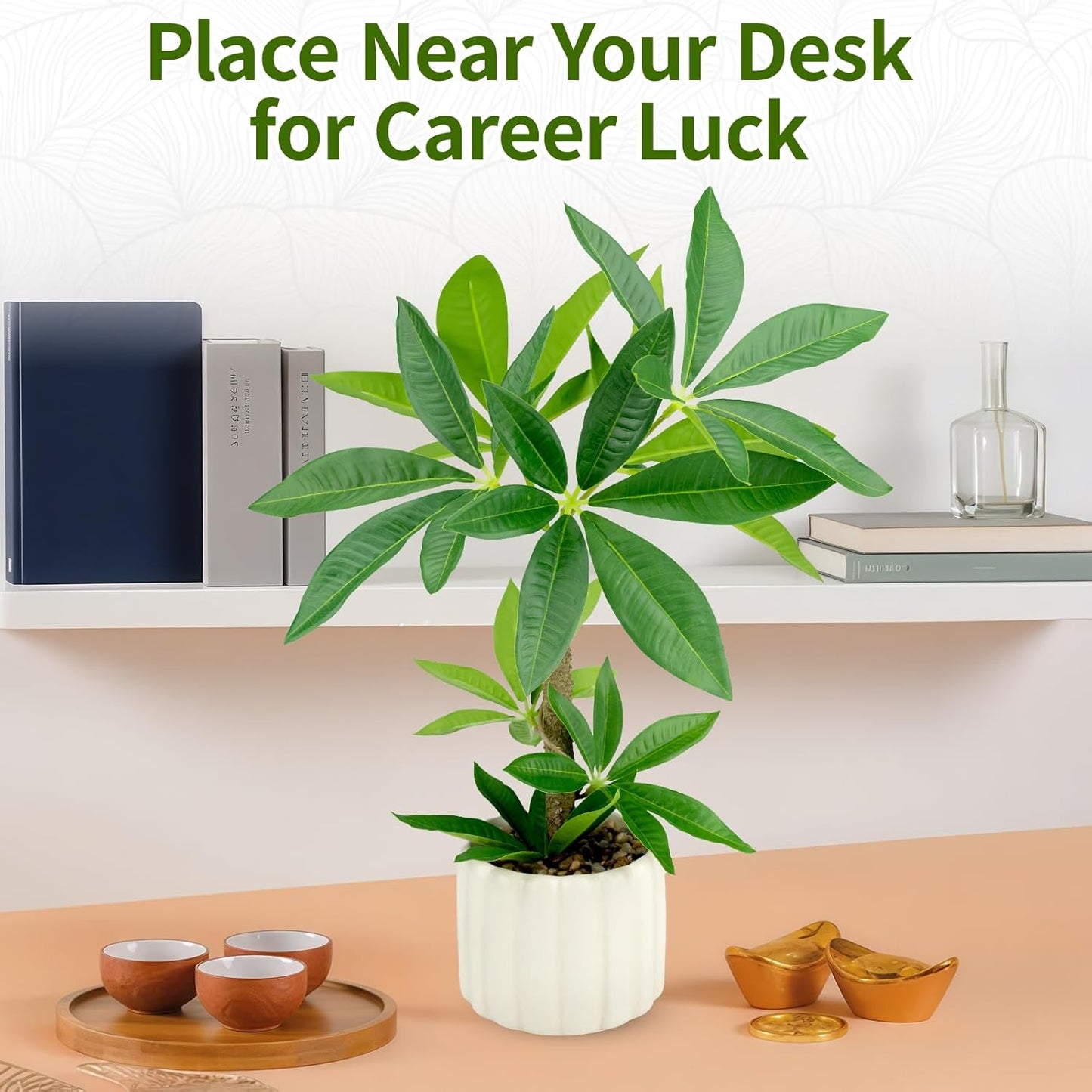 Small Money Tree Bonsai 15.2inch Artificial Desk Plant in White Ceramic Pot, Realistic Indoor Faux Potted Pachira Money Plant for Home Office Living Room Decor(Maintenance Free)