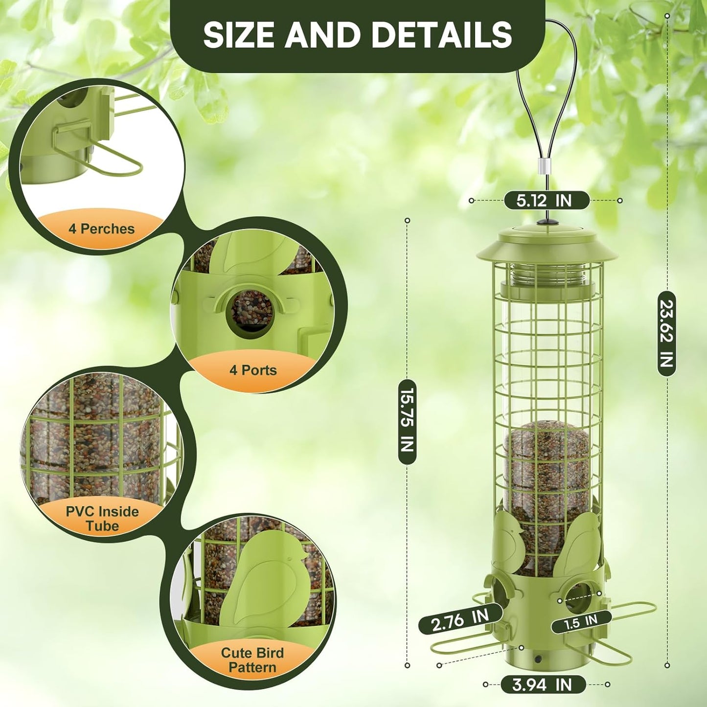 Bird Feeders Squirrel Proof with Weight Activated Perches,Metal Mesh Bird Seed Feeders for Outdoors Hanging- Large Tube Wild Bird Seed Feeders with 3LB Capacity for Finch, Cardinal, Blue Jay