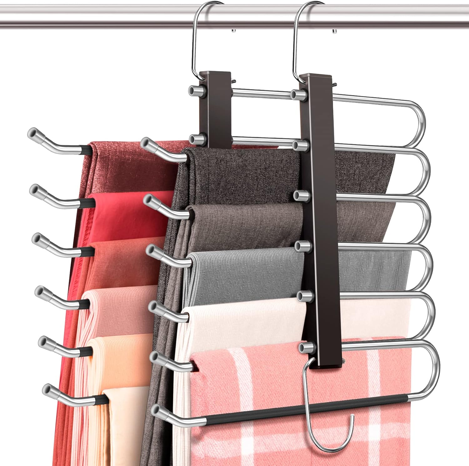 Space Saving 6 Tier Pant Hangers, Anti-Slip, Stainless Steel, 2 Pack, 