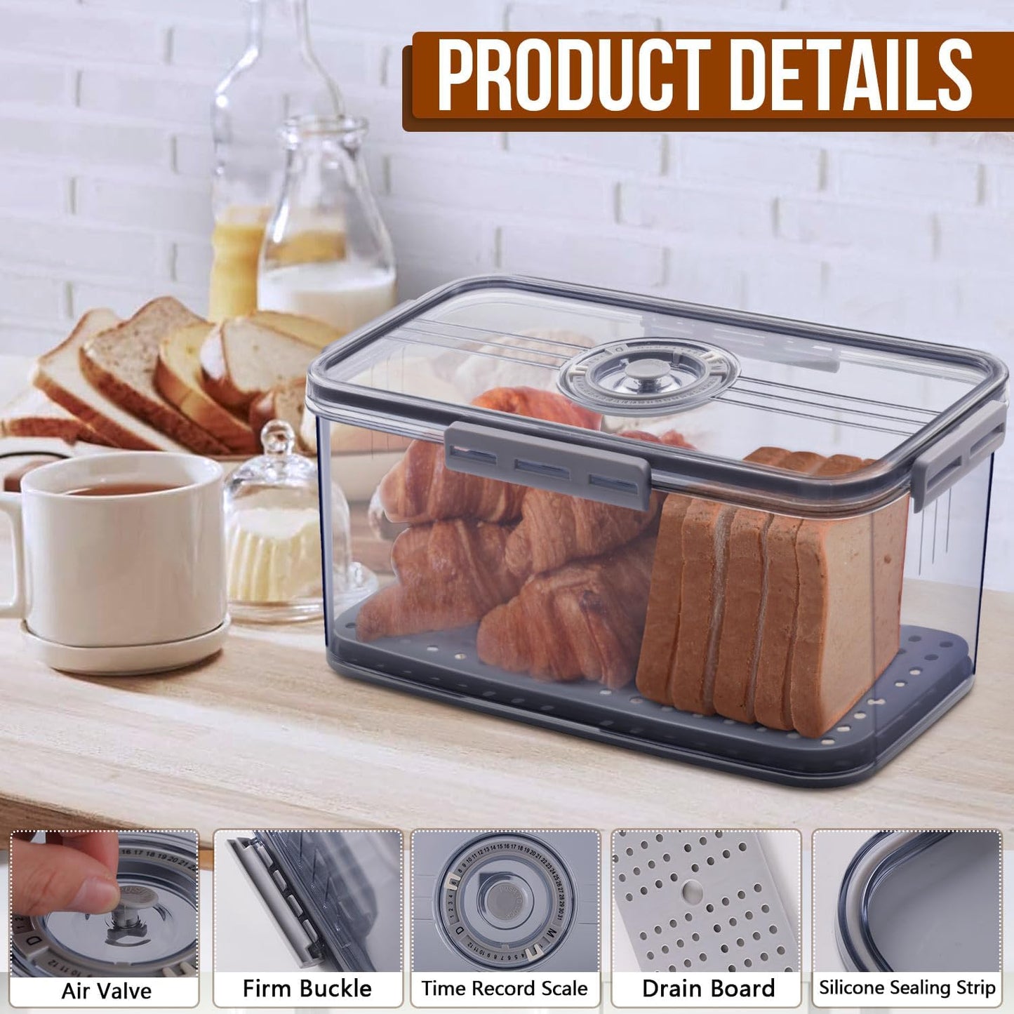 Bread Box Bread Boxes for Kitchen Counter Airtight, Time Recording Bre
