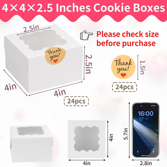 WINKIO 24pcs White Cookie Boxes, 4x4x2.5 Inches Bakery Boxes with Window, for Mini Cake Treat Dessert Pastry Donuts Macaroon Strawberries Chocolate Candy (with Stickers)