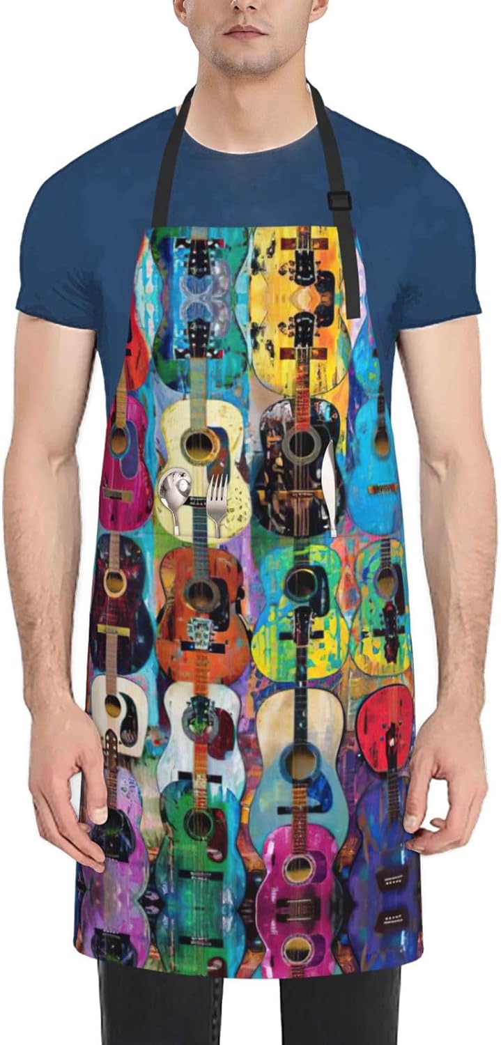 Color Acoustic and Guitars print Waterproof chef's apron with pocket a