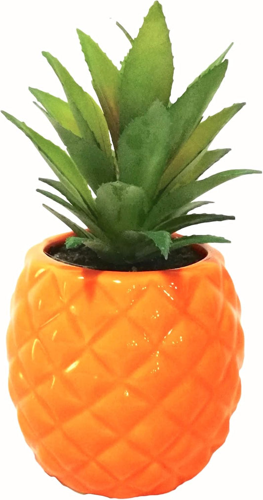 Porcelain Orange Pineapple Ananas Faux Green Plant Potted Artificial Succulent 7.8" Home Office Bathroom Tabletop Kitchen Shelf Decoration