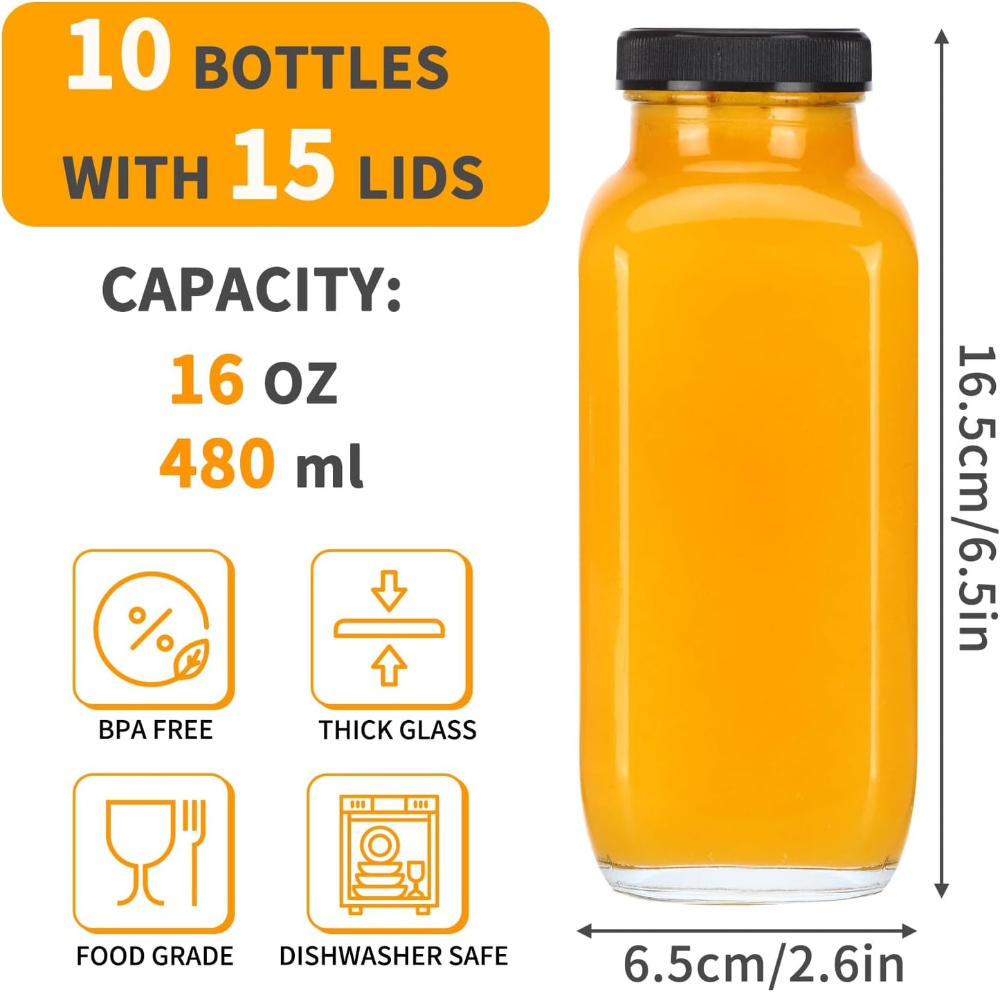 CUCUMI 10pcs 16oz Glass Juice Bottles with Lids, Reusable Juice Containers Drinking Jars Water Cups with Brush, Glass Straws, Lids with Hole | 10pcs, with Lids, Reusable, Juice Containers, Drinking Jars, Water Cups