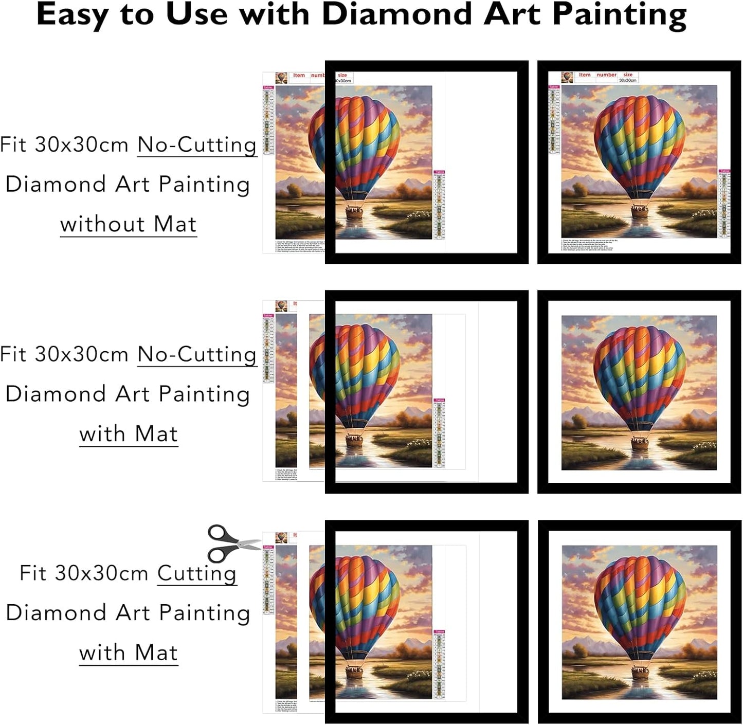 12x12 Picture Frame with Mat for 30 x 30cm Diamond Art Painting, Display Photo 10x10 or 12 x 12 Without Mat, Wall Hanging Large Frame with Plexiglass, Black