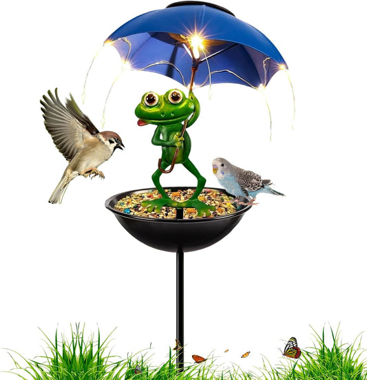Outdoor Bird Feeder, Solar Frog Garden Light Decor, Bird Feeders for Outside, Garden, Backyard, Balcony, Outdoors, Ground, Landscape, Home Decoration