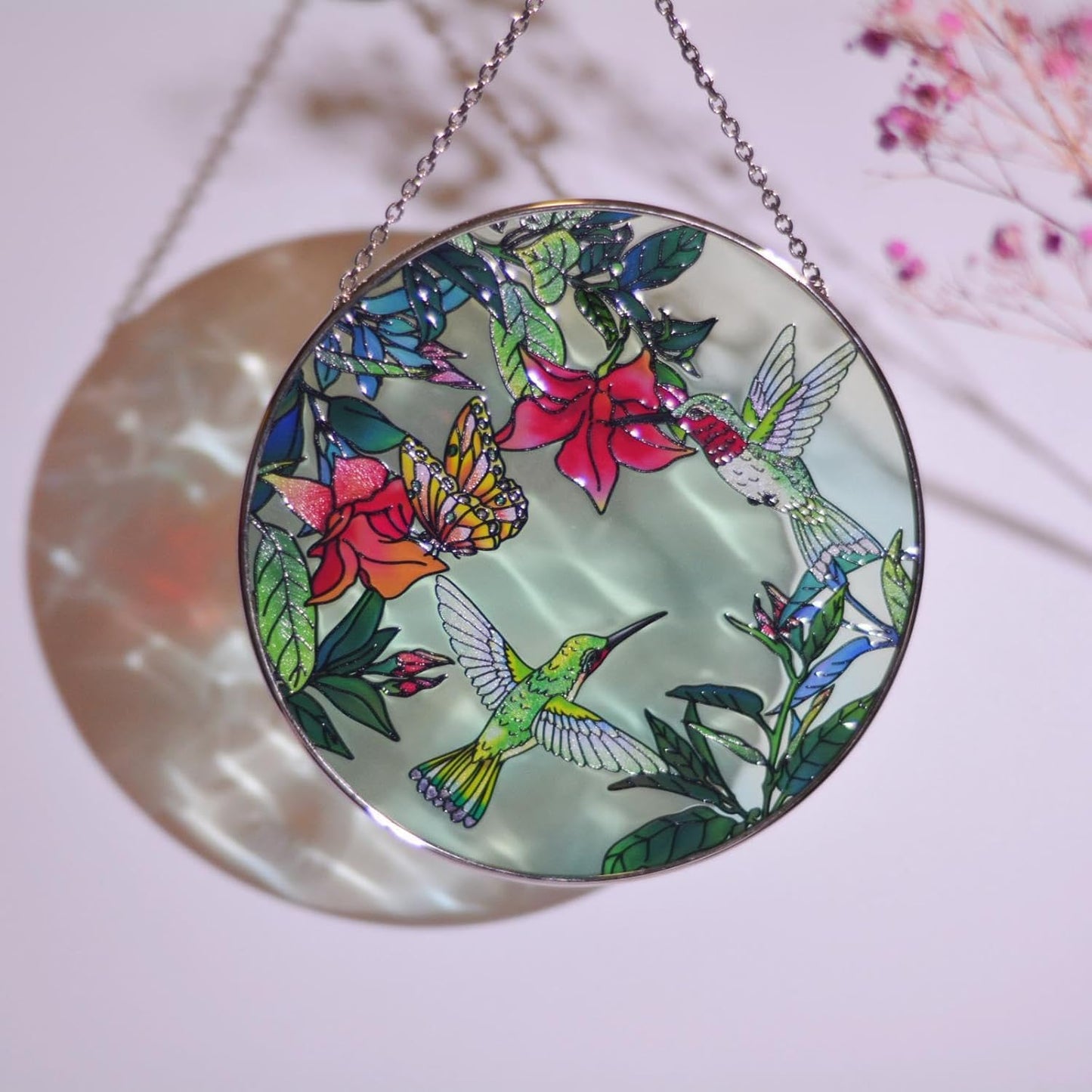 Stained Glass Window Hanging, Hummingbirds Garden Suncatcher for Window Memorial Gift for Birds Lover Stained Glass Birthday Gift for Mom Sun Catchers Window Home Christmas Party Wedding Decor(C)