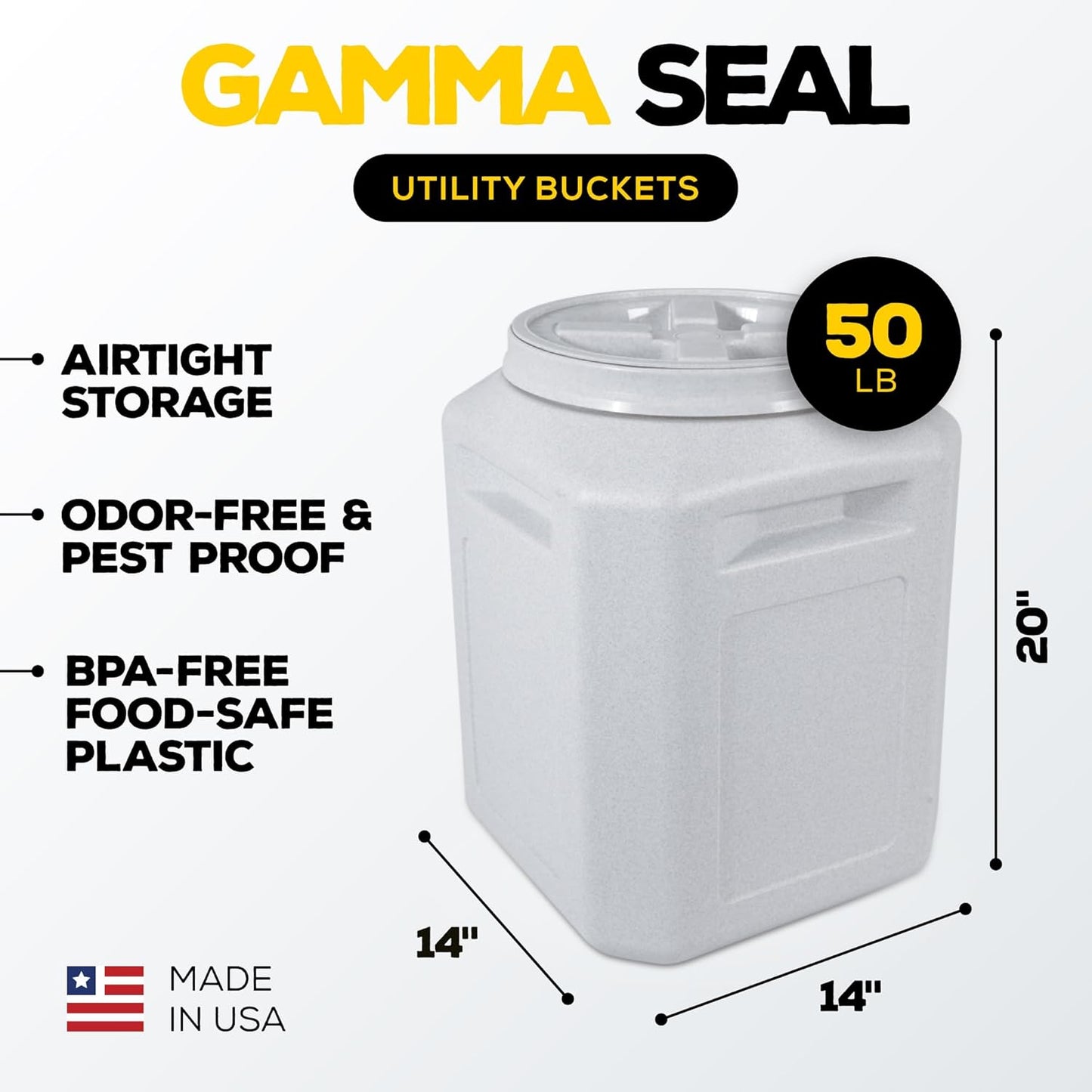 Gamma2 Gamma Seal Airtight Storage Bin - Wood, Pellet, Charcoal, and Food Container - Indoor or Outdoor Utility Bucket - BPA-Free Plastic - Made in The USA - Fits up to 50 Pounds - 14" L x 20" H