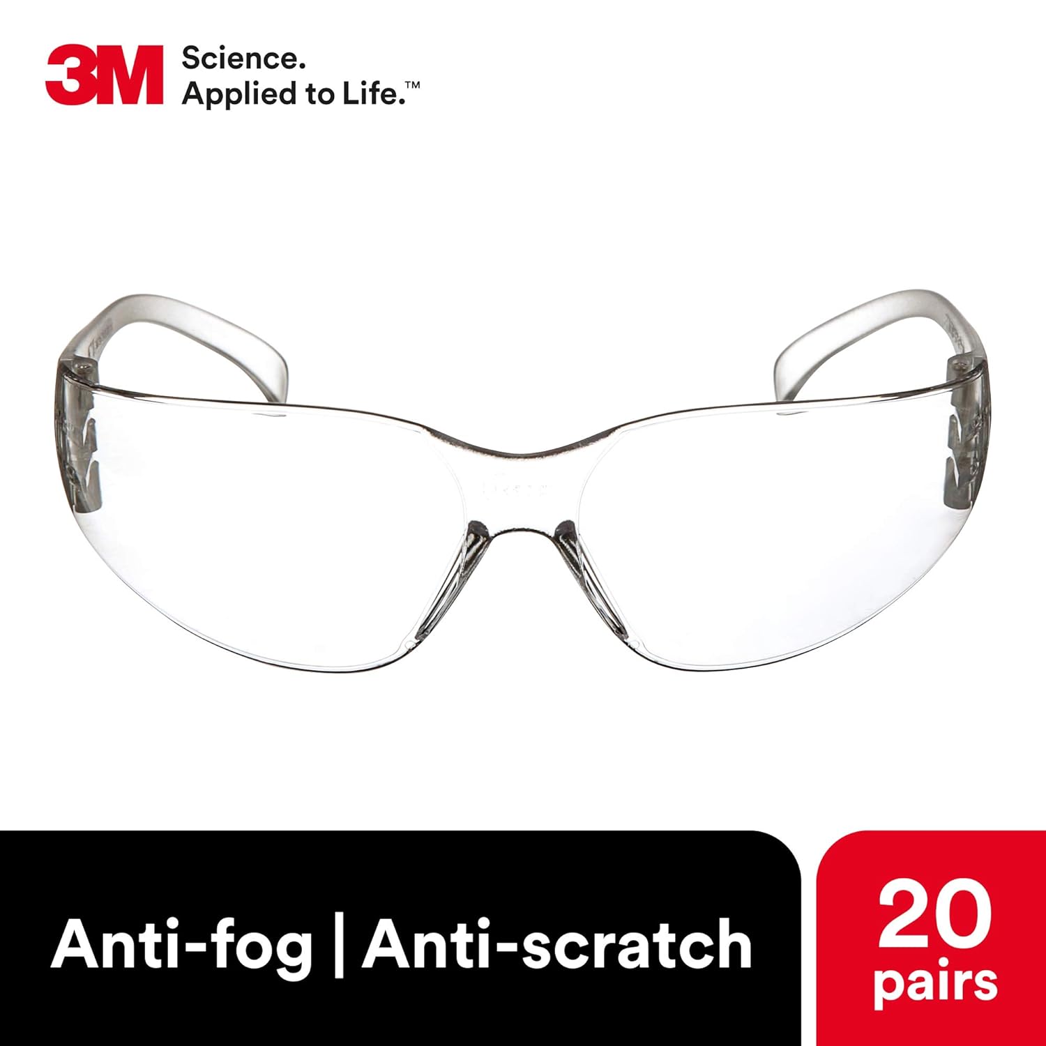 3M Safety Glasses, Virtua, 20 Pair, ANSI Z87, Unisex, Anti-Fog, Scratc