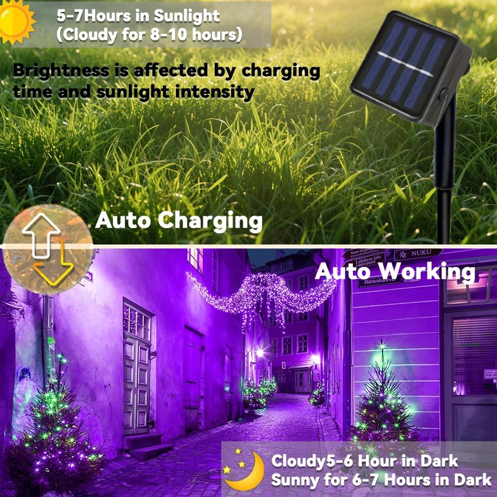 2 Pack Halloween Solar Purple String Lights,Each 40FT 120 LED Copper Wire Fairy Lights, Waterproof for Halloween Decor Thanksgiving Patio Yard Trees Party