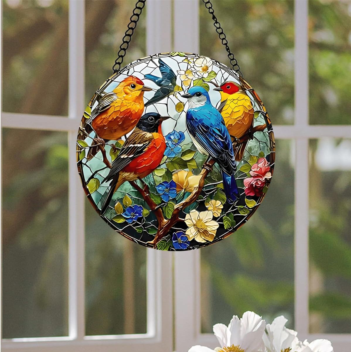 Birds on Branch Stained Glass Window Hanging - 7.8'' Suncatcher for In
