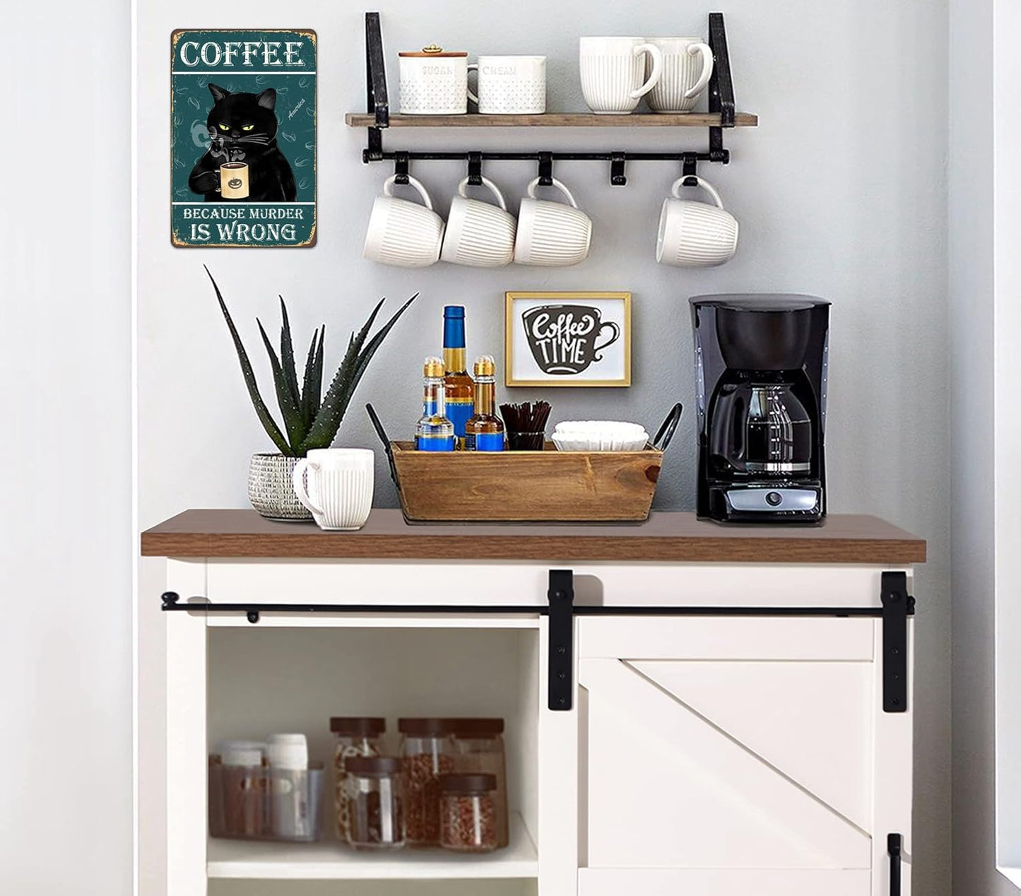 Bestylez Funny Black Cat Signs - Coffee Lovers Kitchen Decor, 12 x 8 I