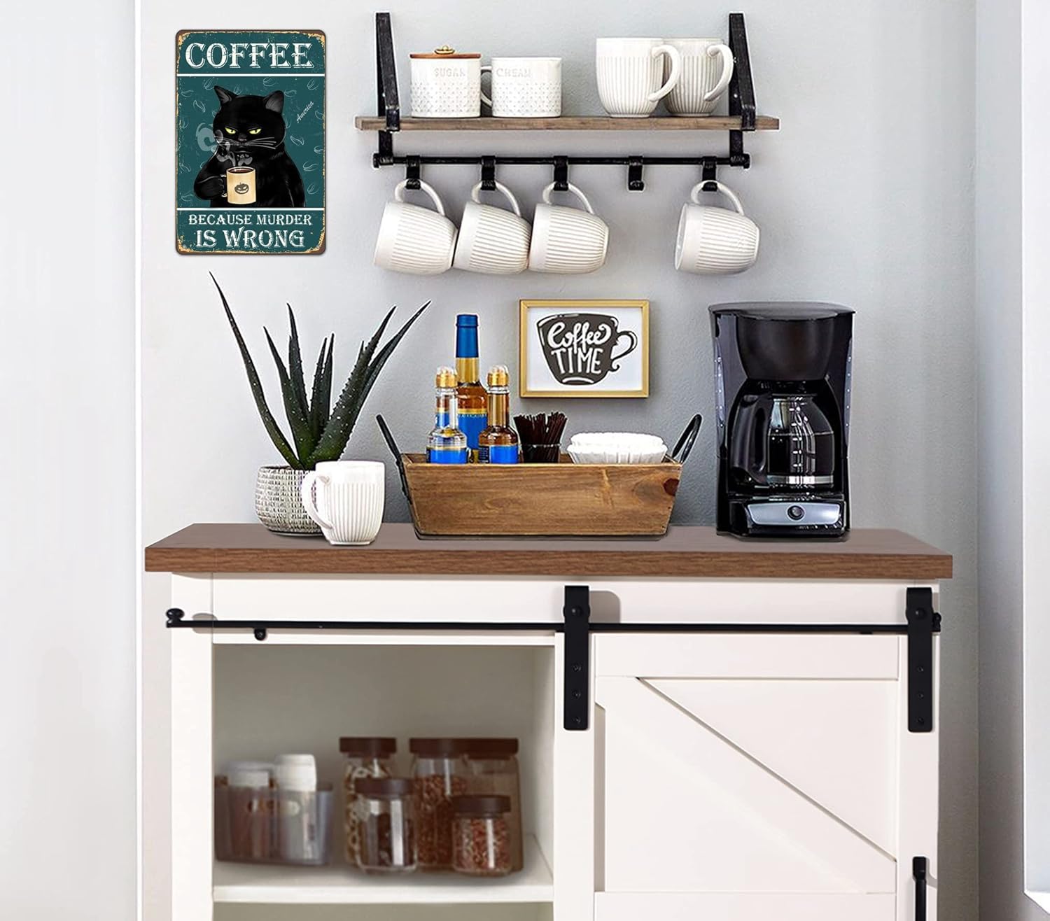 Bestylez Funny Black Cat Signs - Coffee Lovers Kitchen Decor, 12 x 8 I