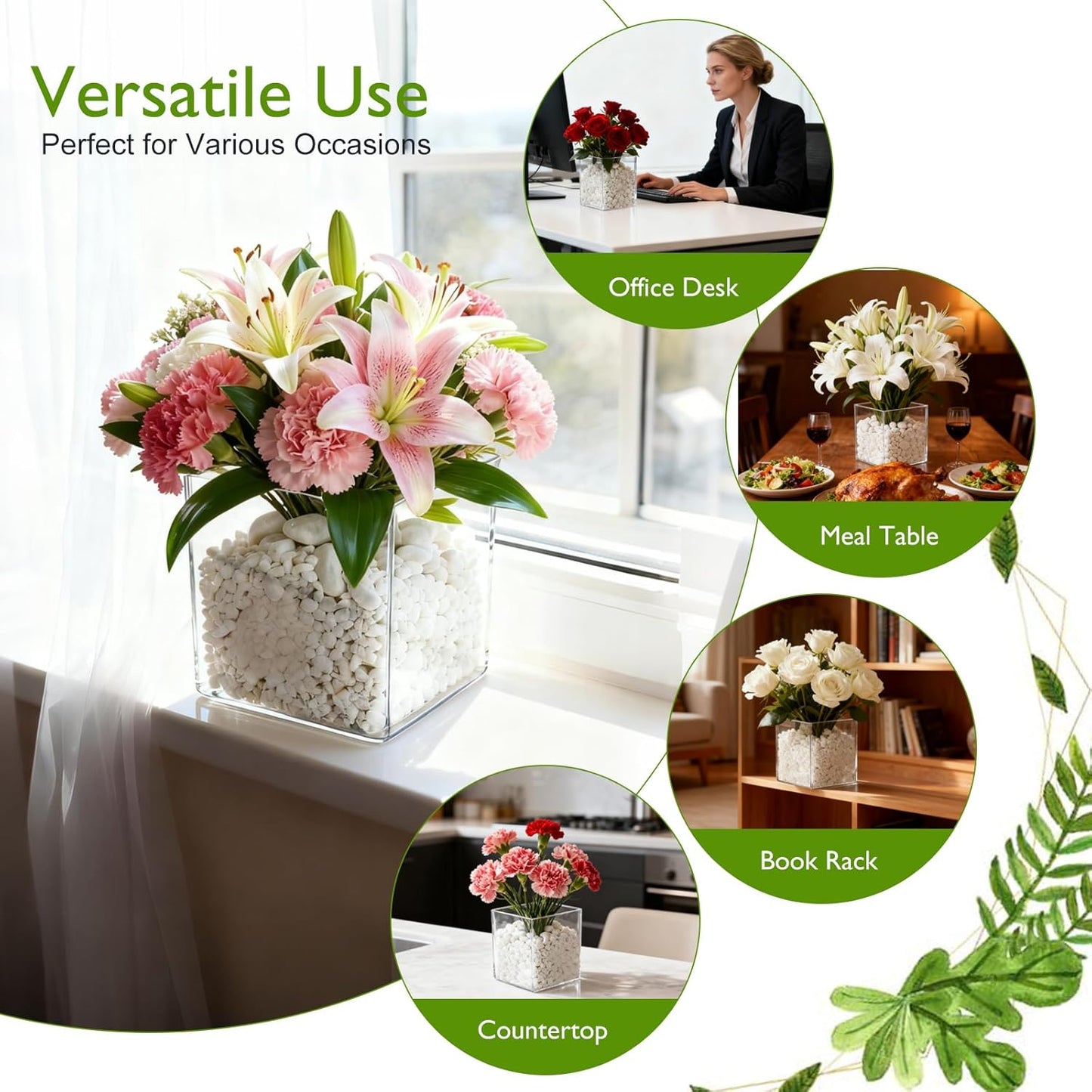 12 Pcs Clear Square Vase Bulk, 5 x 5 Inch Acrylic Plastic Vases, Cube Floral Container, Succulent Pots Planters Decor Container, for Room Office Wedding