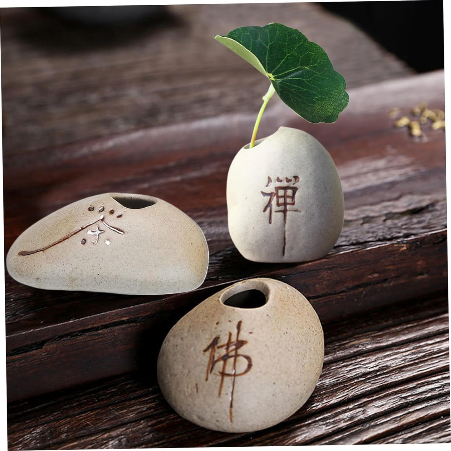 Mini Flower Pots Mini Planter 3Pcs Chinese Character Flower Pots Zen Stone-Like Ceramic DIY Decorative Plant for Home Office Tea Table
