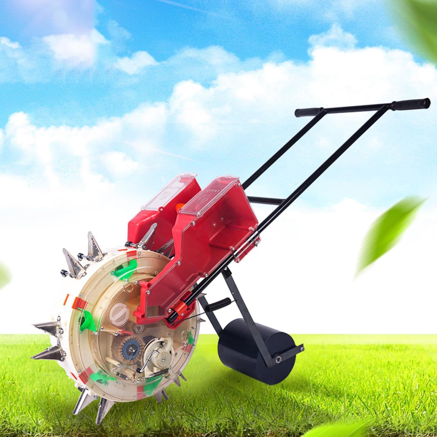 2-in-1 Garden Seeder & Corn Seed Planter, Hand Push Seed Planting Tool for Simultaneous Sowing & Fertilization, Adjustable Depth 3.5-7.8cm, 6 Seed Dispensing Mouths