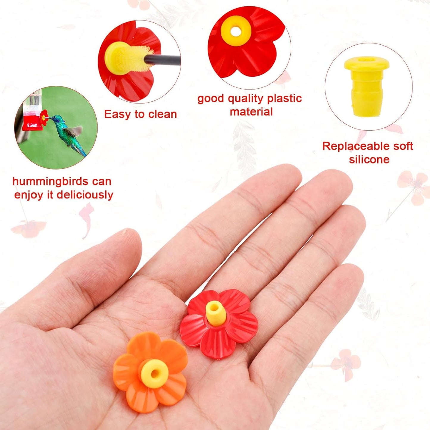 30pcs Hummingbird Feeders Replacement Flowers, PP Colorful Humming Bird Flowers with 2 Cleaning Brush Accessories Parts Bee Guards for Outdoors Hanging Feeders