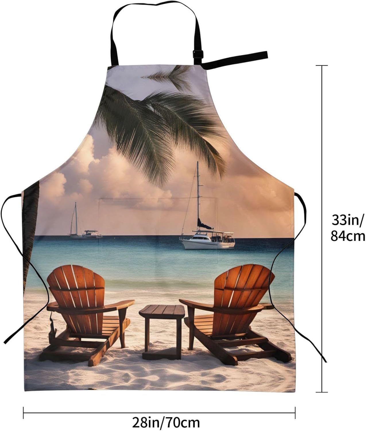 Beach Palm Tree Chairs Boats print Waterproof chef's apron with pocket apron for kitchen cooking baking barbecue and gardening