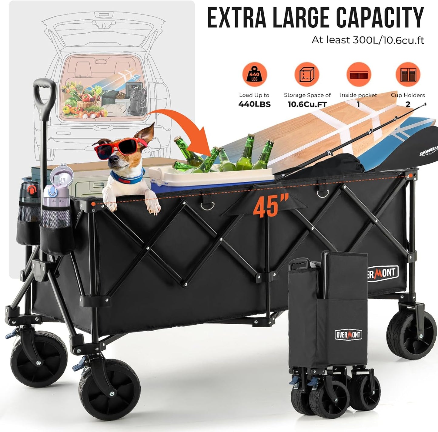 Overmont 45'' Collapsible Foldable Extended Wagon Cart - 300L Heavy Du