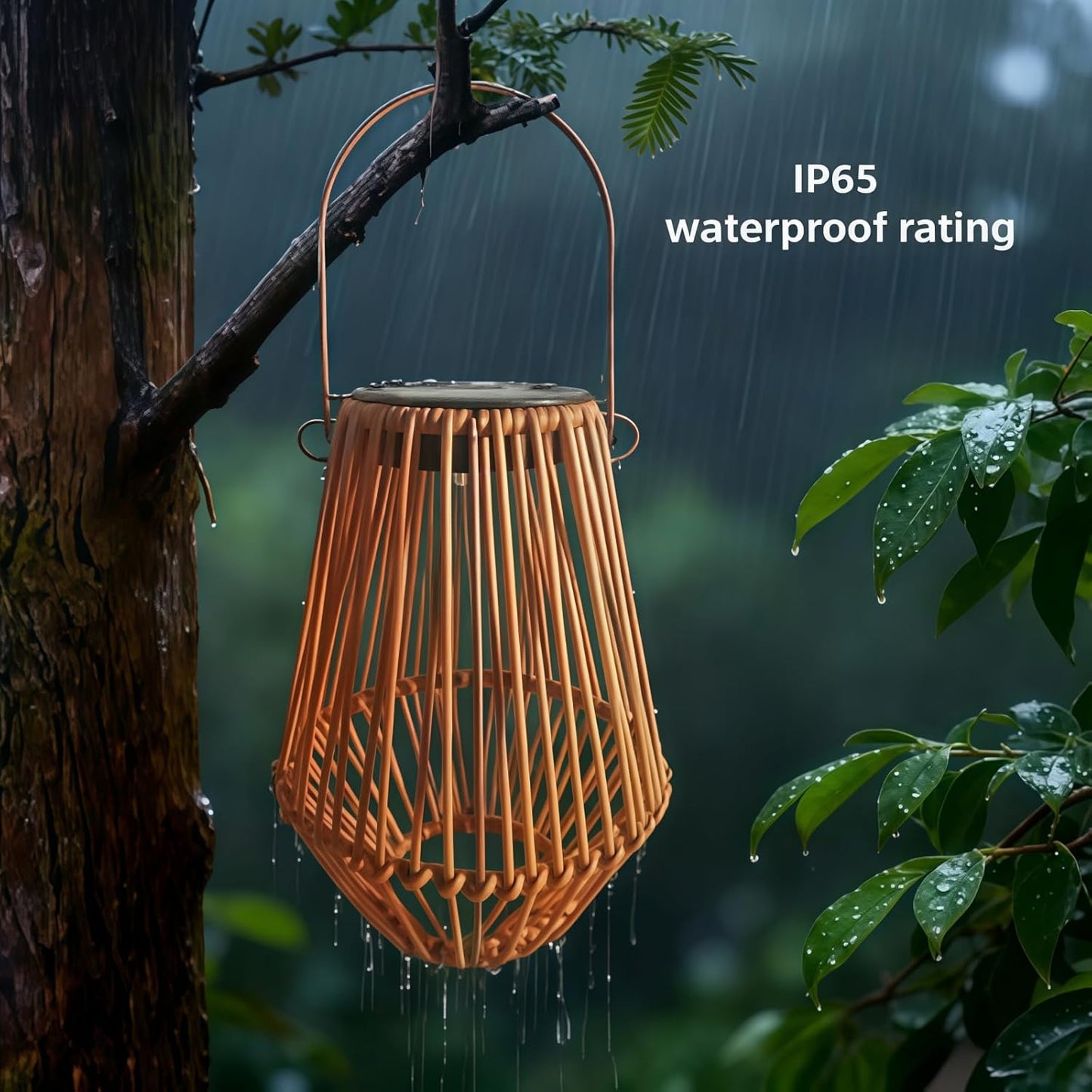 Solar Garden Lantern, Woven Rattan Wicker Outdoor Hanging Light, Chinese Retro Style Decorative Lantern for Balcony, Solar Powered Night Light (Beige (5.3in * 5.3in * 10.2in))