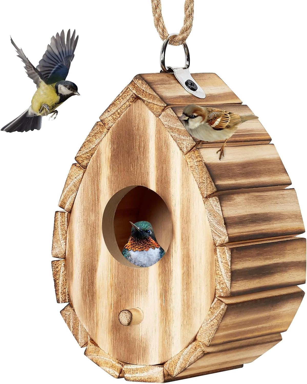 Hummingbird House for Outside - Natural Wooden Birdhouse for Bluebirds, Finches, Cardinals - Small Hanging Bird Nesting Box for Garden, Patio, or Yard - 5.9" D x 4.1" W x 3.8" H