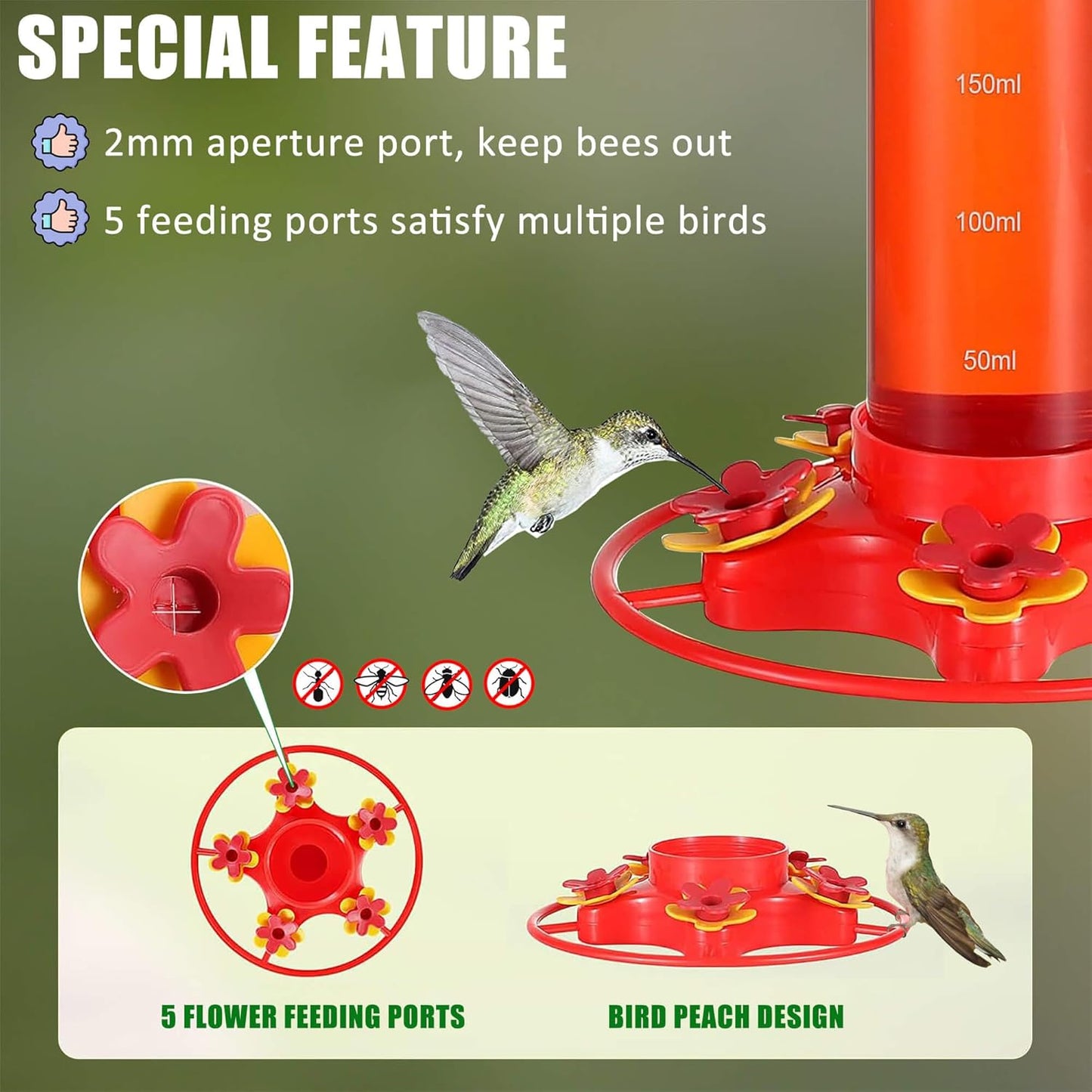 [Patent #1060866S] Hummingbird Feeder 12 oz, 5 Feeding Ports Plastic Humming Feeders for Outdoors Hanging, Upgraded Anti-Fall Hook, Ant Moat, Leak-Proof, Easy to Clean (2 Pack)