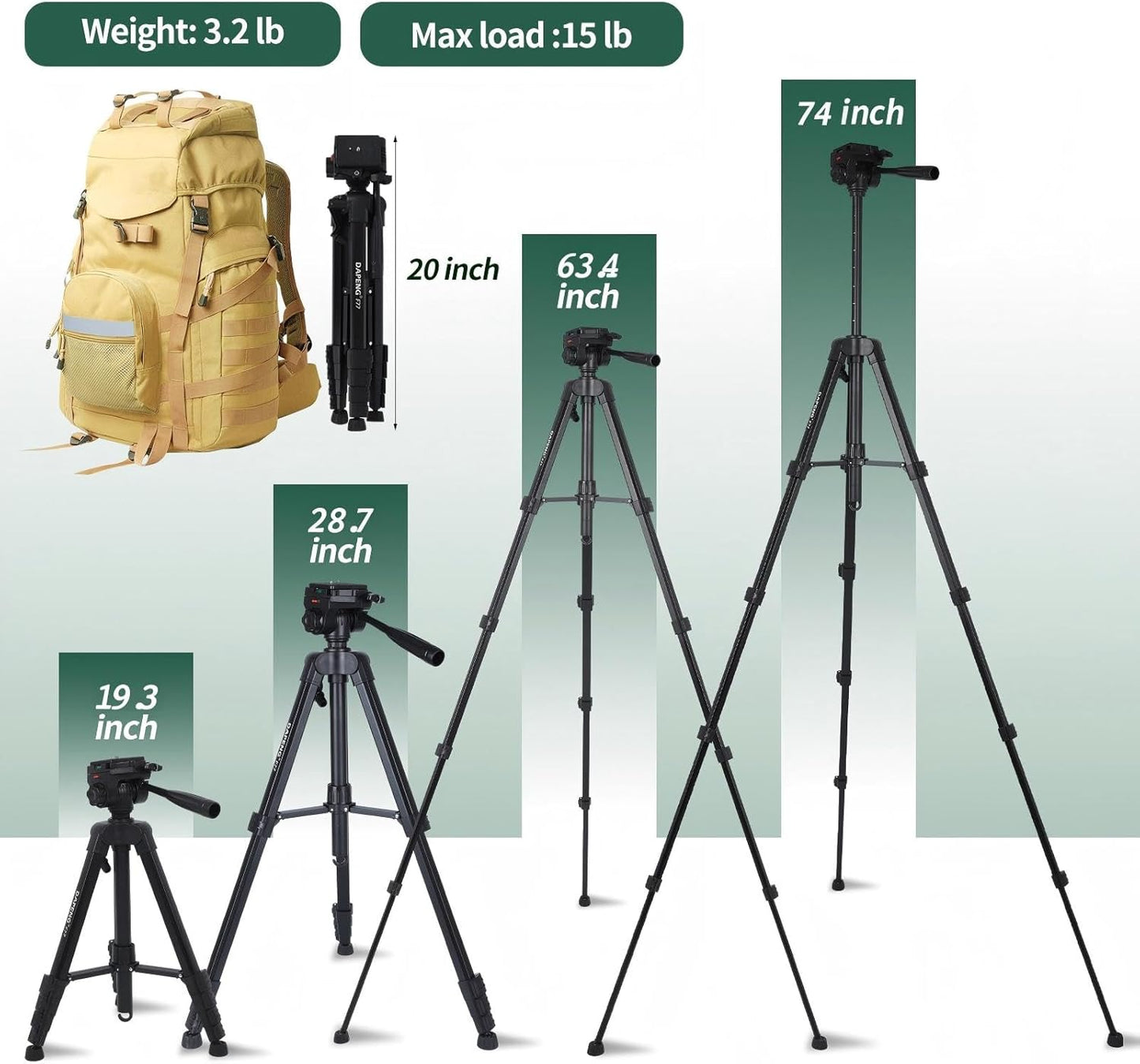 DAPENG Spotting Scope Tripod,Shooting Hunting Rest V Yoke Stand with Travel Bag and Phone Holder,Compatible with Monocular/Astronomical Telescope/DSLR Camera/Cell Phone/Projector (74 inch)