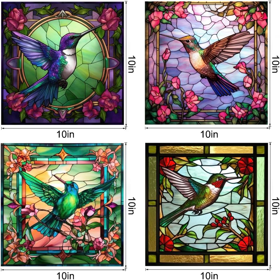 4 Stained Glass Anti-Collision Hummingbird Window Clings Decals - Removable Non Adhesive Vinyl Decals