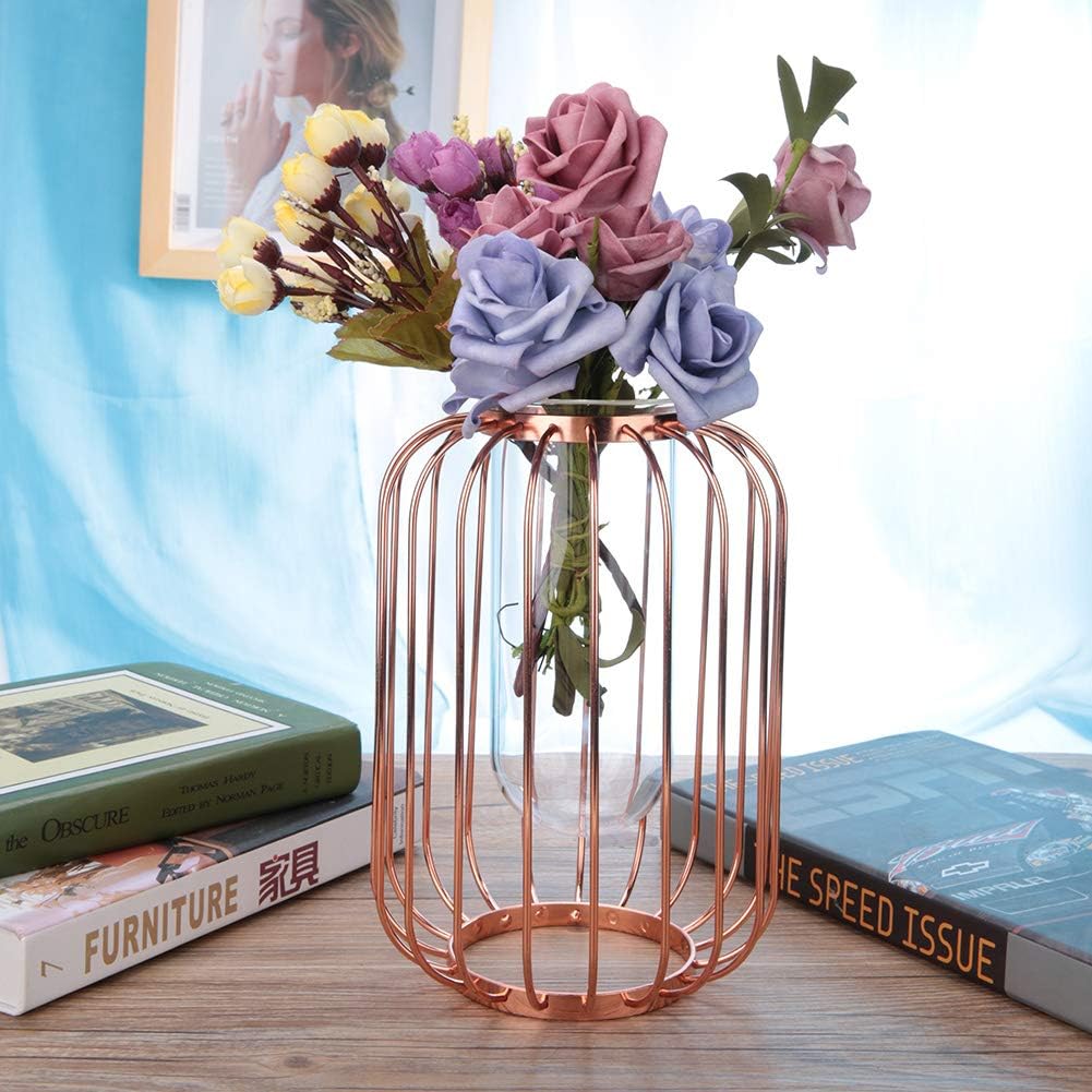 Lantern Shaped Wrought Iron Vase with Glass, Creative Simple Design fo