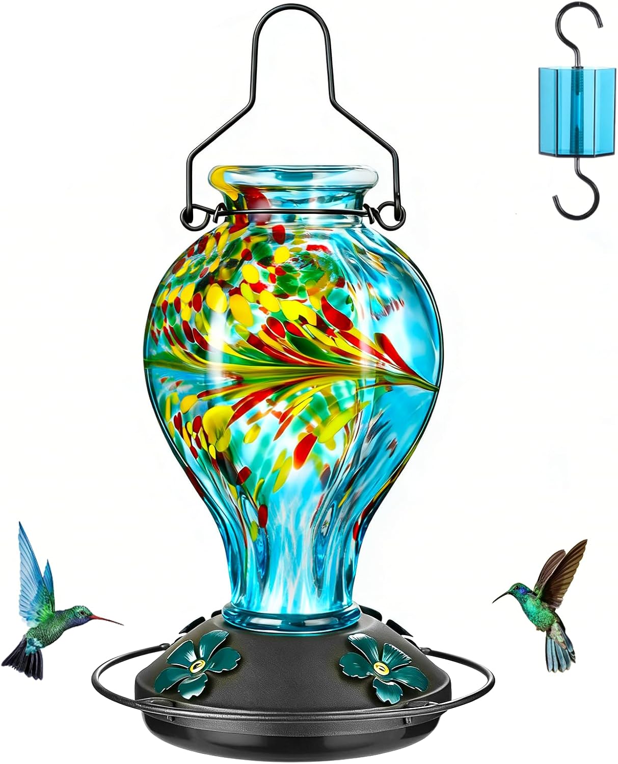 Hand Blown Glass Hummingbird Feeders for Outdoors Hanging, 24oz Wild Bird Nectar Feeder with Ant Moat and Perch, Bee-Resistant Ports, Garden Decor, Gifts for Women Mom, 1 Pack, Blue Phoenix