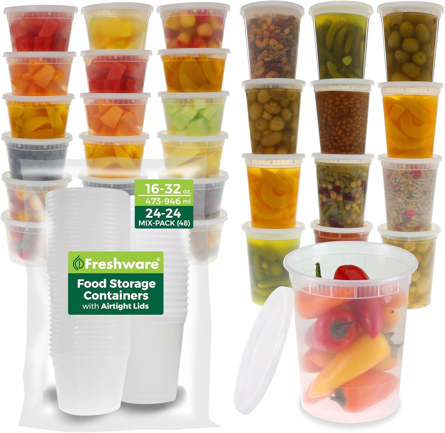 Freshware 48 Pack of 16 and 32 oz, 24 sets each size Food Storage Cont