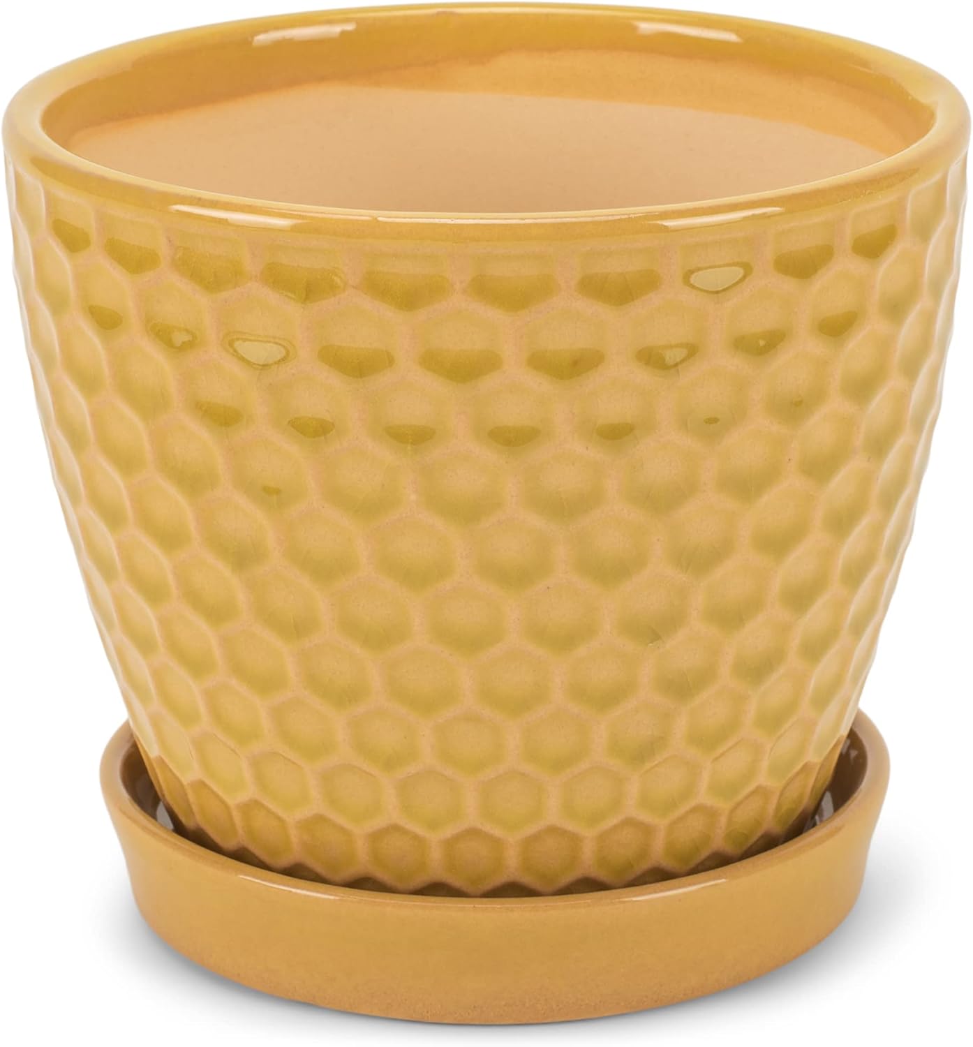 Napco Honeycomb Yellow 4.75 Inch Ceramic Flower Pot Planter with Sauce