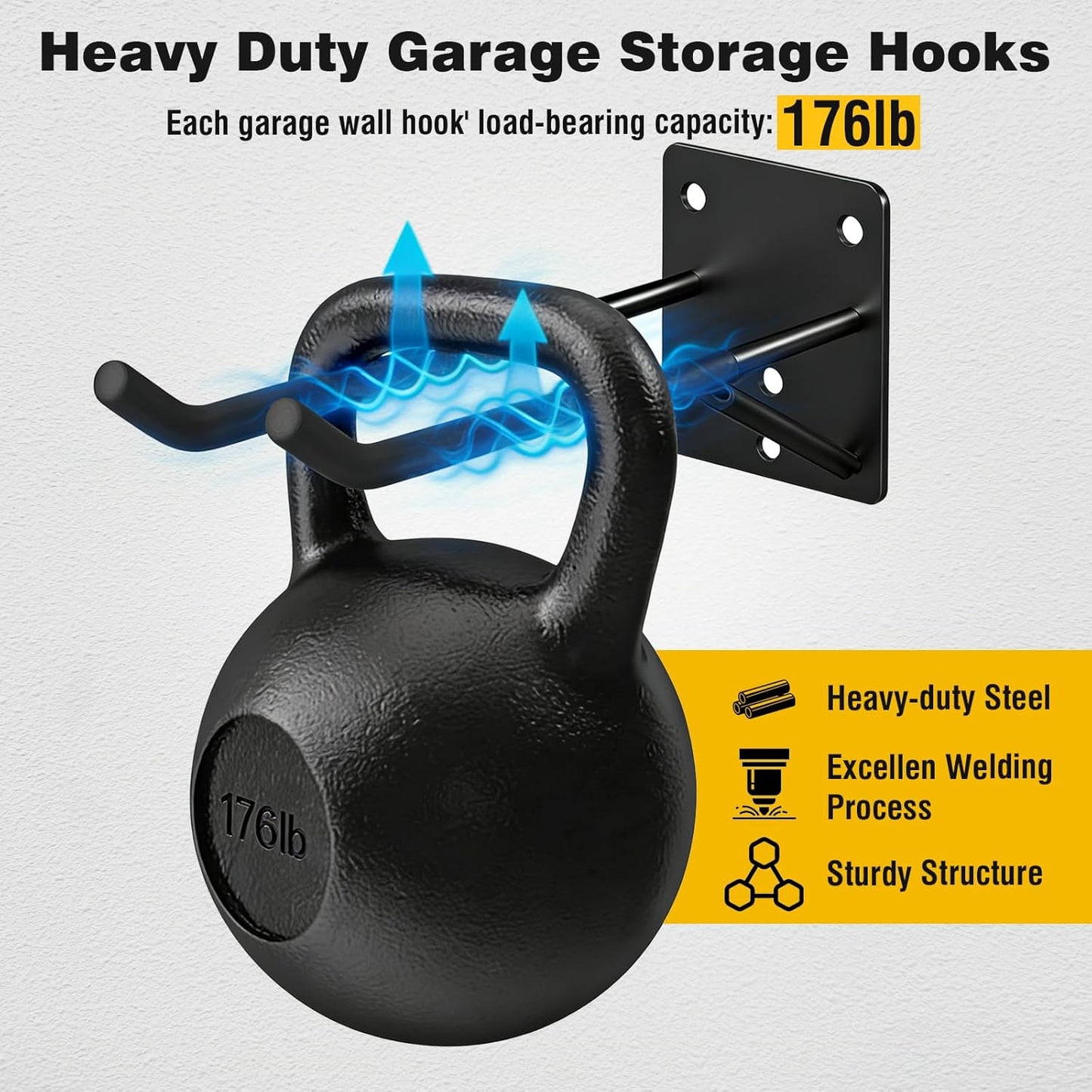 2 Pack 14“ Garage Hooks Heavy Duty, Wall Mounted Tool Hangers for Ladders, Ladder Hooks for Garage Wall, Bicycles, Power Tools, Car Tires, Chairs, Garden Tools and More