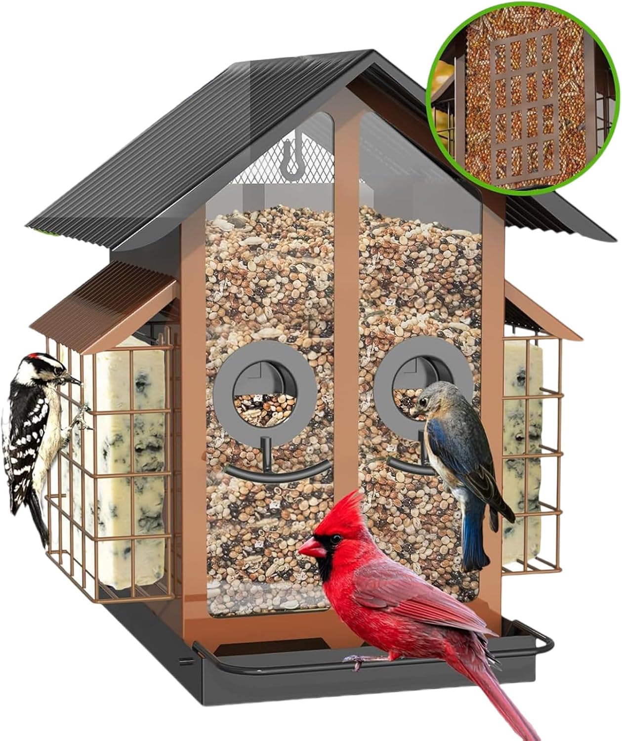 Metal Bird Feeder for Garden Yard Outside Backyard with Perch Easy Hanging Hook and Large Capacity Hanging Bird Feeder