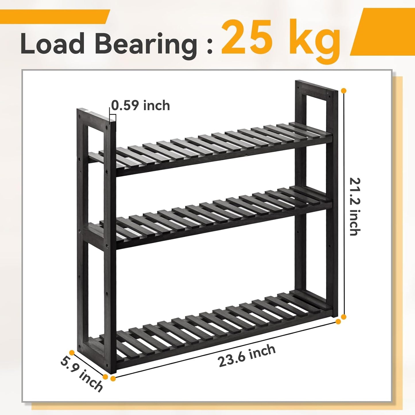 Wood Bathroom Shelf, 3-Tier Adjustable Shoes Rack&Plants Rack, Wall-Mounted or Stand for Living Room (Black)