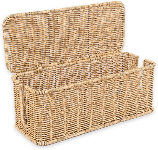Cable Management Box, Handmade Rattan Cable Organizer with 2 Open Slots, Cord Hider for Power Strip, Router & USB Hub, Registered U.S. Design Patent (D1,112,102), 13" x 5.1" x 5.1", Natural