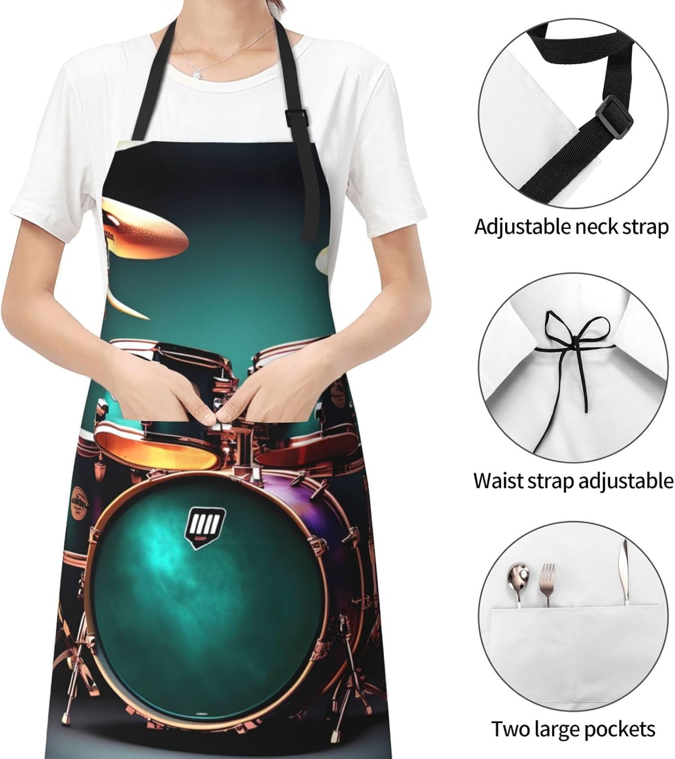 Cool Drum Set Print Laundry apron 28x33 In Waterproof Kitchen Apron with Pockets for Cooking Baking