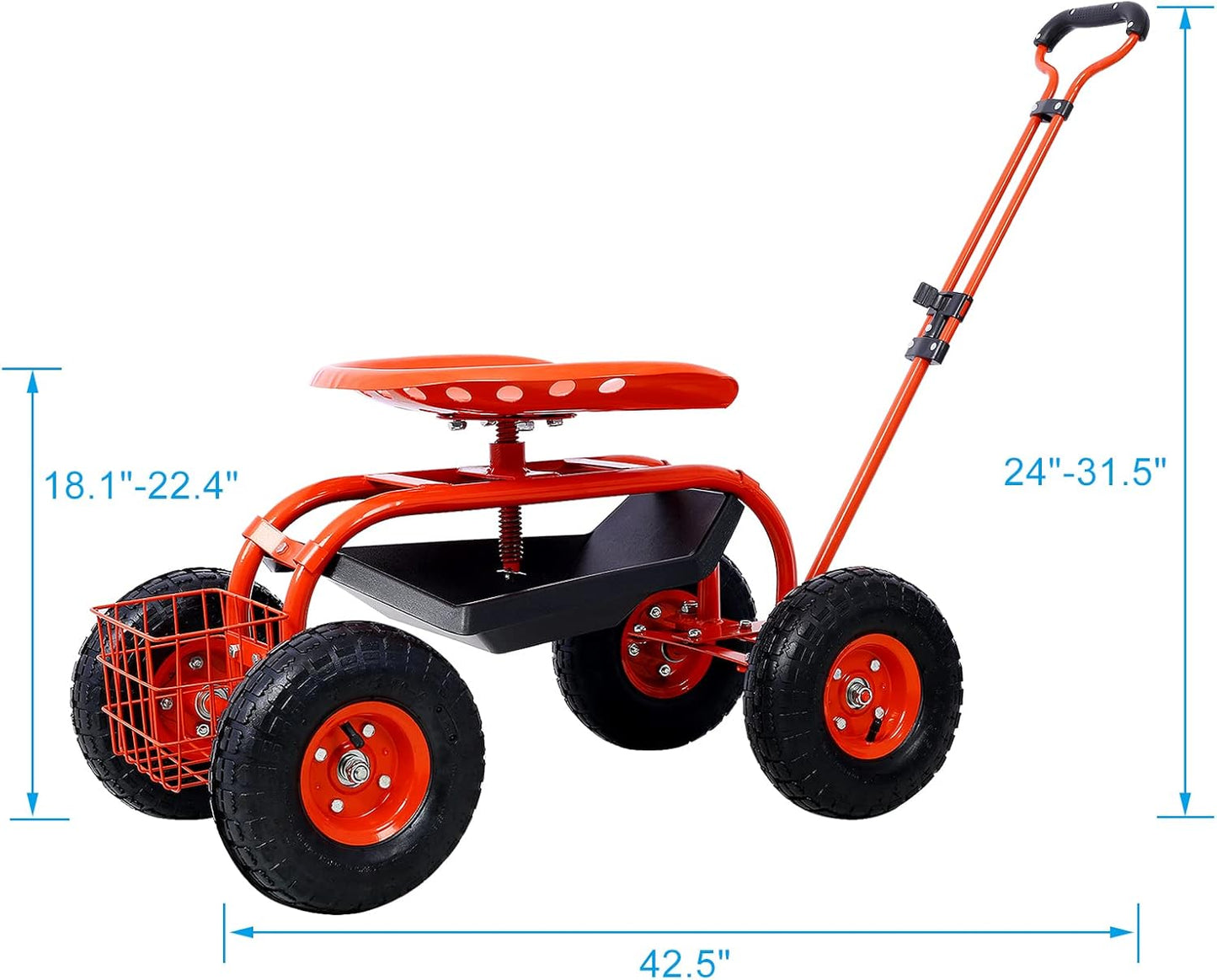 Rolling Garden Cart with 4 Wheels Tool Tray Basket Adjustable Height 3