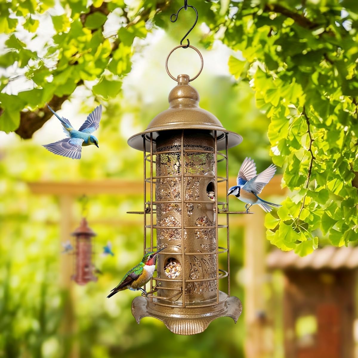 Rustic Metal Hanging Bird Feeder for Outdoors, Weather Resistant Wild Seed Feeders with Protective Cage & Perches for Backyard Patio Porch Gift Idea for Women Mom Grandma Bird Lovers