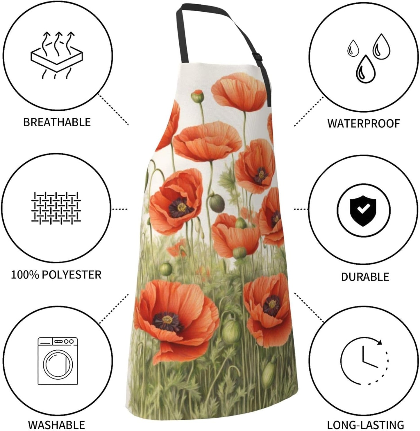 poppy flowers Print Laundry apron 28x33 In Waterproof Kitchen Apron with Pockets for Cooking Baking