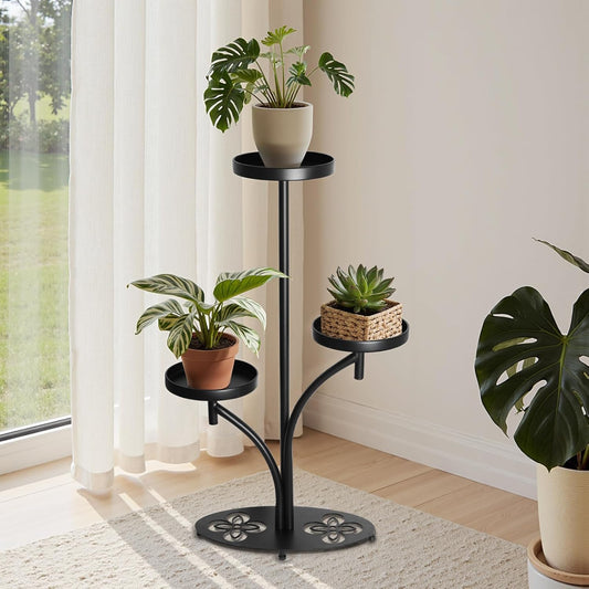 Indoor 3 Tier Black Plant Stand, Tall Metal Plant Stand, Heavy-duty Ba