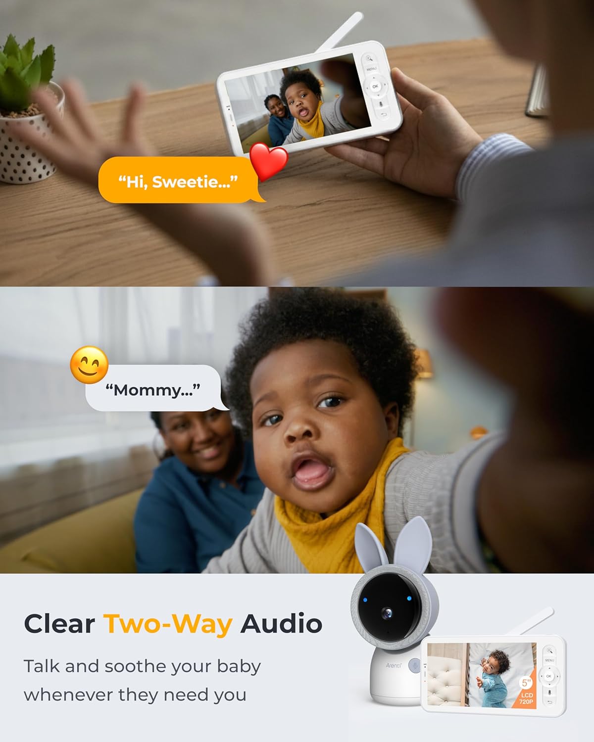 ARENTI 4MP Baby Monitor with 2 Cameras, 5" Screen Video Baby Monitor, 
