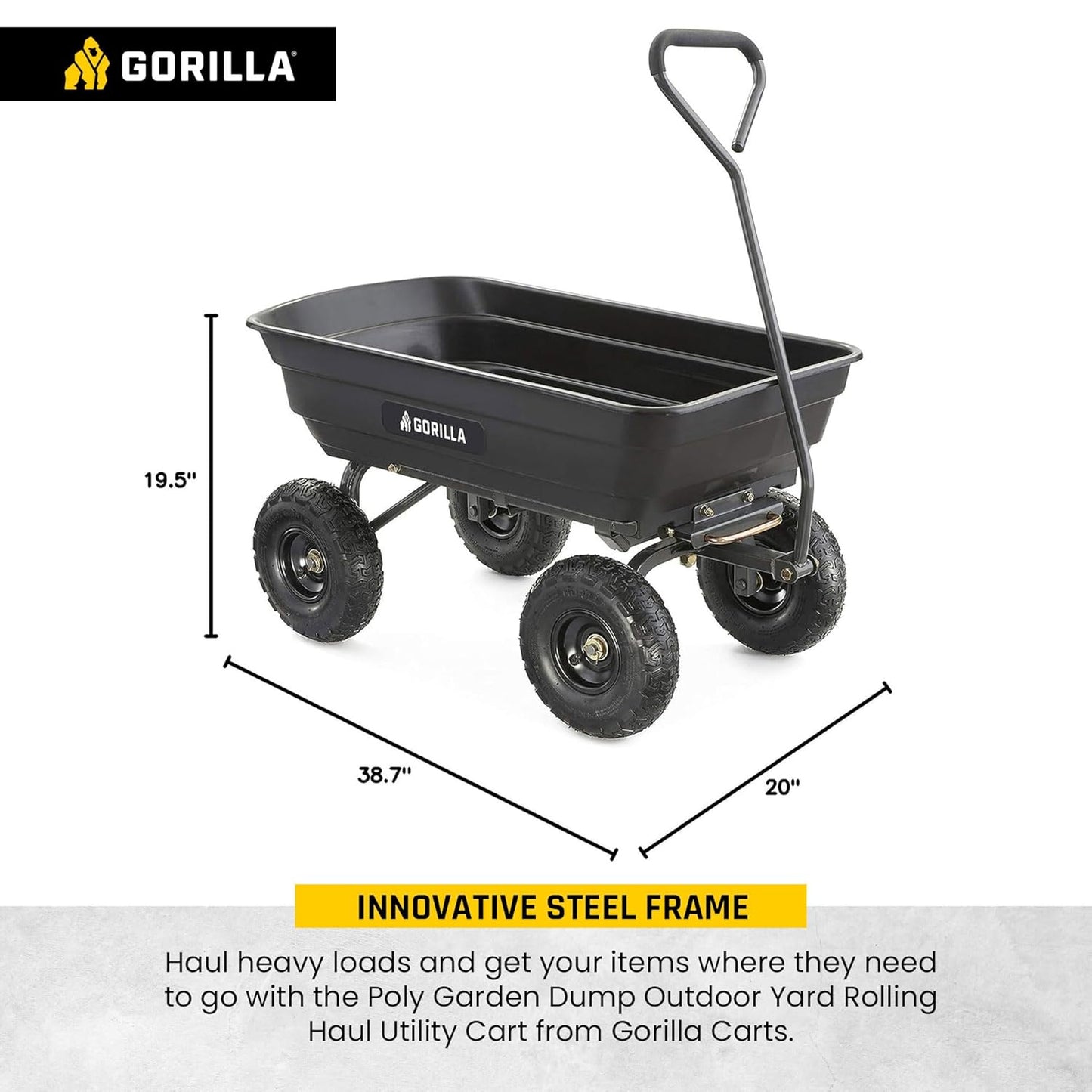 Gorilla Carts Poly Garden Dump Cart, 4 Cu Ft Tub, 600 lb Haul Capacity