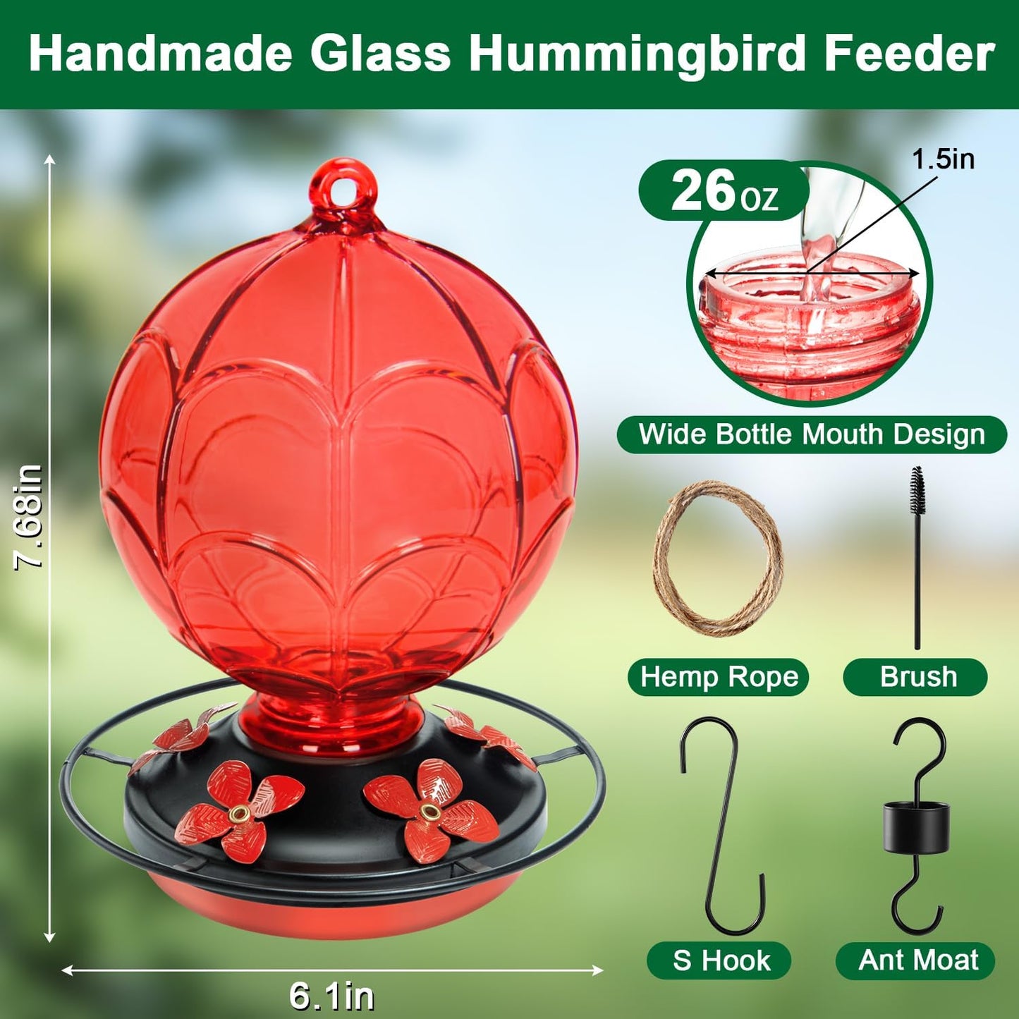 26 OZ Glass Hummingbird Feeder for Outdoors Hanging - Hand-Blown Hot Air Balloon Design - Leak-Proof & Ant Moat - Garden Decor Gift for Mom, Red