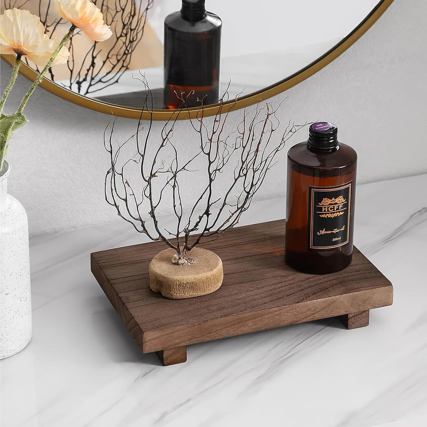 2 PCS Wood Pedestal Stand Risers for Decor, Small Wooden Tray Farmhouse Bathroom Decor for Soap Bottle Plant Makeup Candles Towels Jewelry, 9 x 5.9 x 1.57 Inch