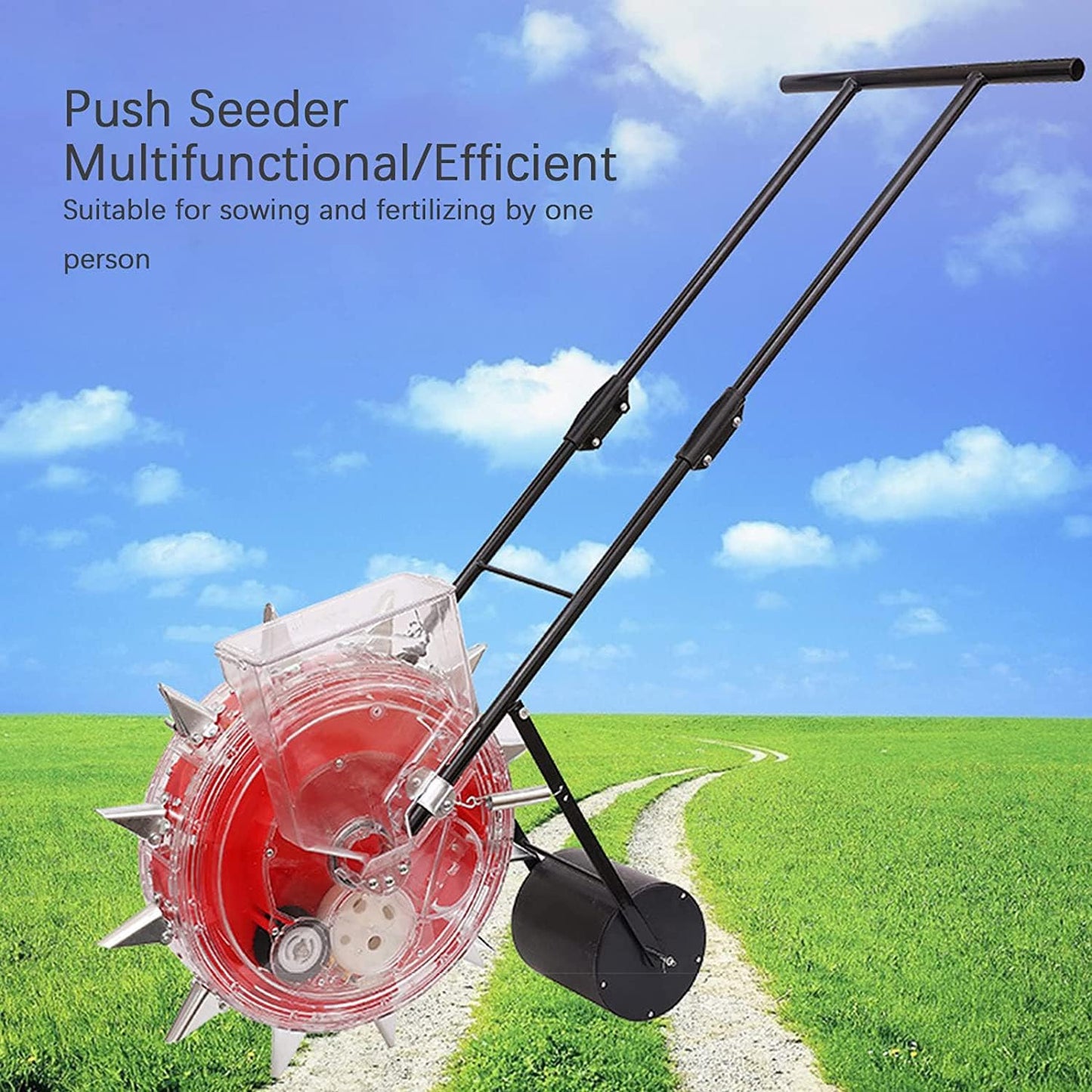 Multi-Function Garden Seeder - Metal Precision Push Seeder with Clear Seed Storage Box for Cotton, Soybean, Peanut - 6 Holes Backyard Planting Tool